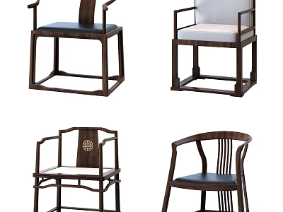 Traditional Chinese Leisure Chairs With Wooden Frames Carved Backs And Upholstered Seats 3d model