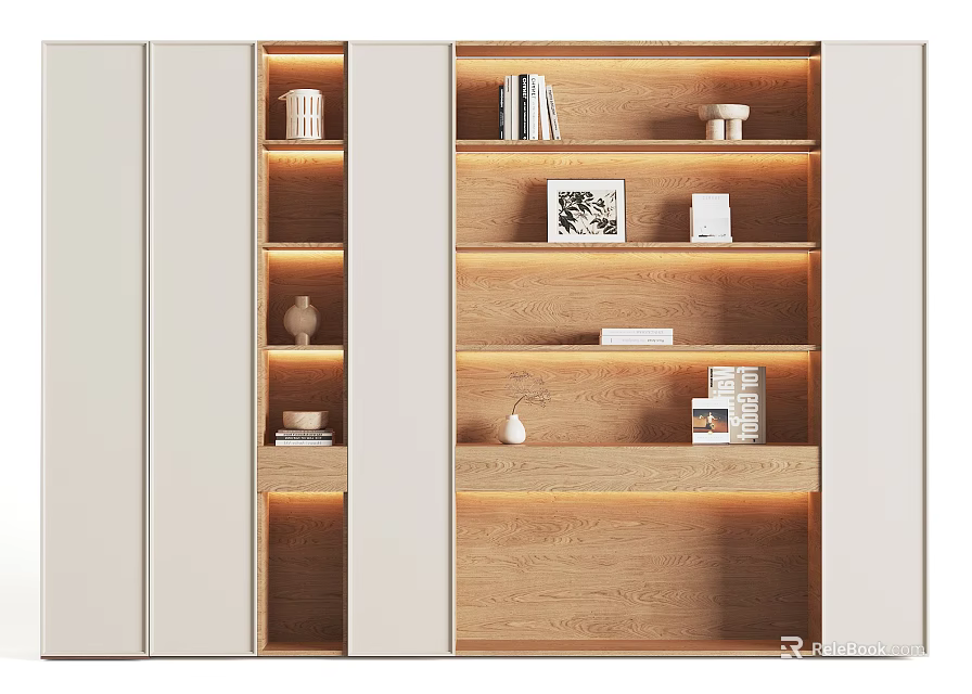 Modern Wooden Bookcase With Built In LED Lighting And Decorative Shelves 3d model 