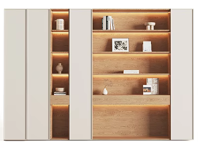 Modern Wooden Bookcase With Built In LED Lighting And Decorative Shelves 3d model