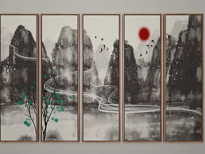 Ink Style Landscape Painting With Mountain Peaks Red Sun Flying Birds And Winding River 3d model