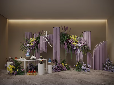 Elegant Floral Display With Purple Yellow Flowers Hanging Decorations Letter Ornaments And Dessert Table 3d model