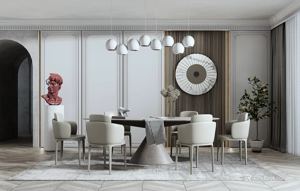 Modern Elegant Dining Table Set With White Spherical Chandelier Chairs And Wall Decor 3d model