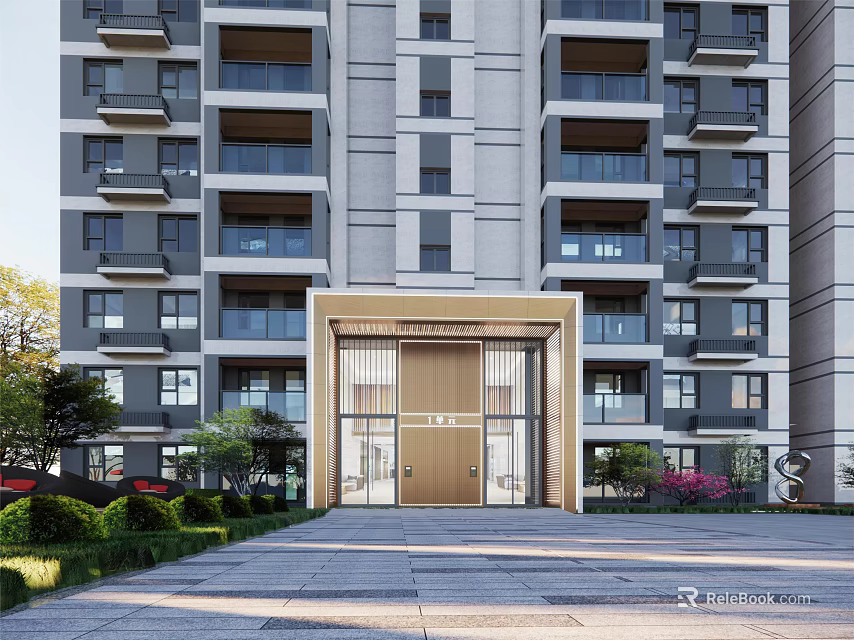 Modern Residential Building Entrance Gate With Green Landscaping Gray White Facade Balconies And Elegant Design 3d model 