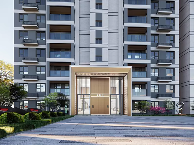 Modern Residential Building Entrance Gate With Green Landscaping Gray White Facade Balconies And Elegant Design 3d model