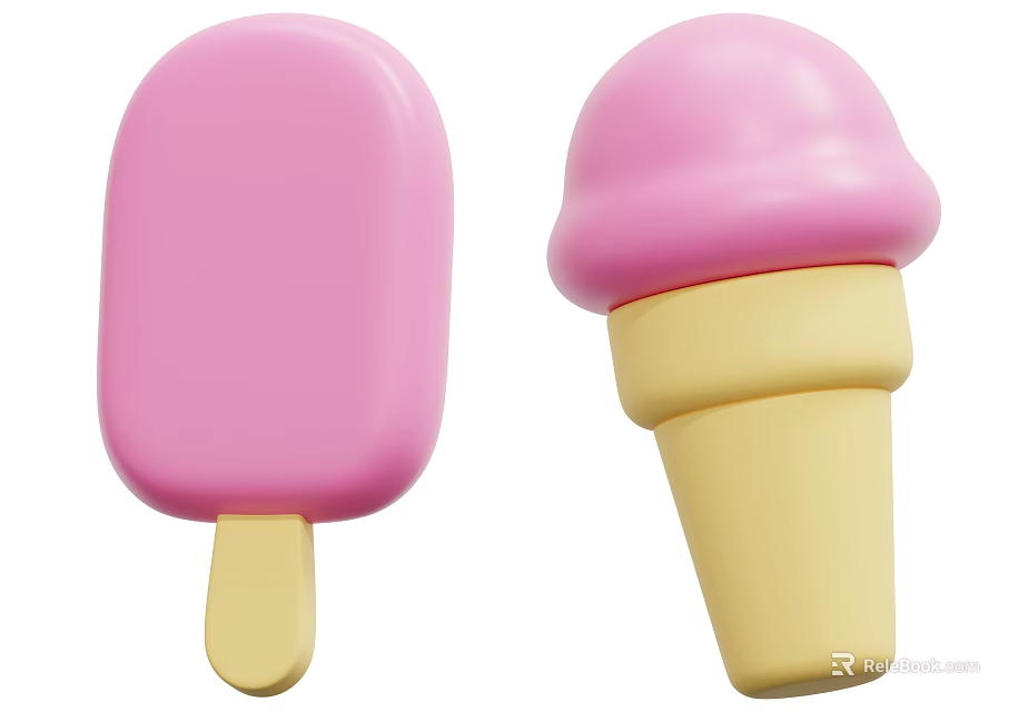 Colorful Pink Popsicle And Yellow Ice Cream Cone Sweet Desserts 3d model 