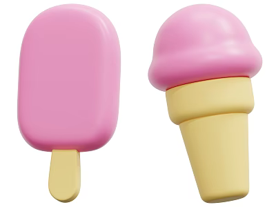 Colorful Pink Popsicle And Yellow Ice Cream Cone Sweet Desserts 3d model