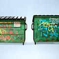 Public Facilities Green Dumpsters Covered With Colorful Urban Street Art Graffiti