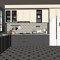 Modern Kitchen Interior With Black White Cabinets Stainless Steel Refrigerator And Patterned Tile Floor