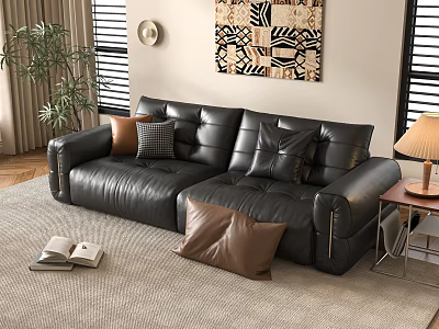 Black Leather Two Seater Sofa With Throw Pillows Decorative Art Side Table Lamp Window Plant 3d model