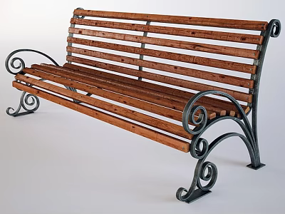 Outdoor Bench With Wooden Slats And Decorative Metal Curved Armrests 3d model