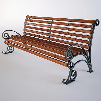 Outdoor Bench With Wooden Slats And Decorative Metal Curved Armrests 3d model