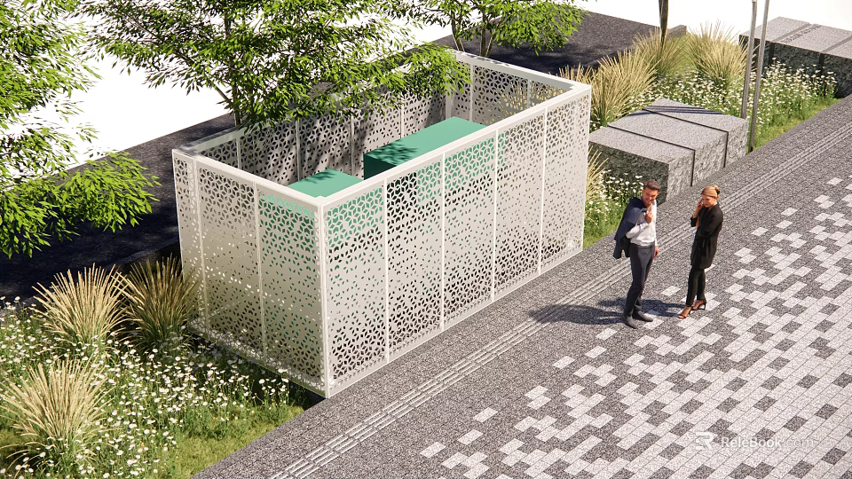 Outdoor Lounge Space With White Perforated Screen Green Seating And Trees 3d model 