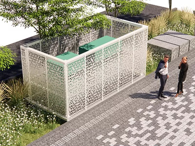 Outdoor Lounge Space With White Perforated Screen Green Seating And Trees 3d model
