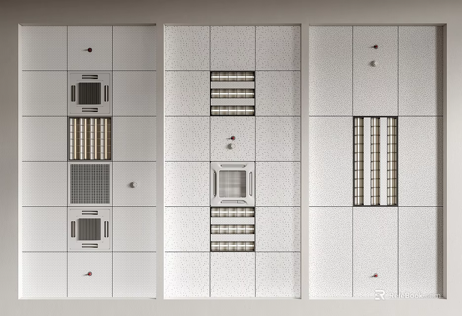 Various Modern Grille Lights with Different Grid Patterns on Ceiling Panels 3d model