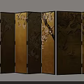 Oriental Folding Screen With Golden Surface And Cherry Blossom Pine Tree Patterns For Home Decor 3d model