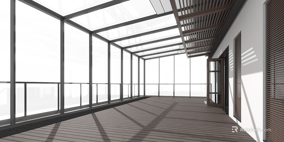 Modern Villa Balcony Design With Large Glass Windows Wooden Flooring And Glass Roof 3d model 
