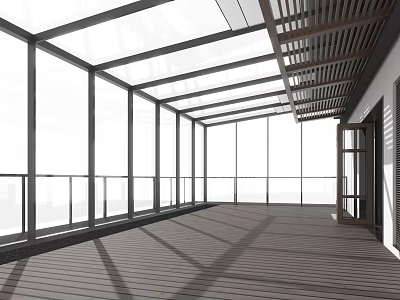 Modern Villa Balcony Design With Large Glass Windows Wooden Flooring And Glass Roof 3d model