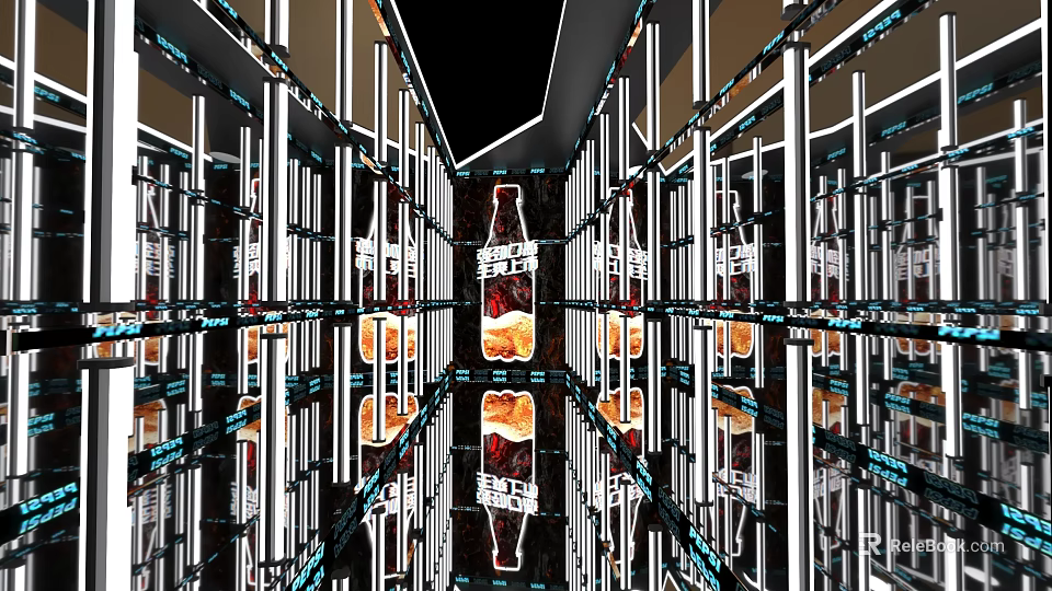 Futuristic Beverage Bottle Display Space With Metallic Frames Mirror Walls And Reflective Floor 3d model 