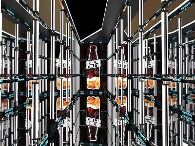 Futuristic Beverage Bottle Display Space With Metallic Frames Mirror Walls And Reflective Floor 3d model
