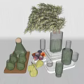 Elegant Decorative Ornament Set With Olive Branch Glass Vase Glass Cups Fresh Figs Tray And Small Candle For Home Decoration