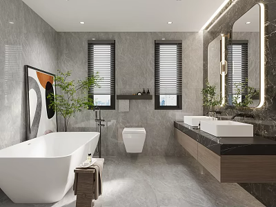 Elegant Modern Bathroom Interior With Marble Walls Double Vanity Bathtub Large Mirror And Green Plant 3d model