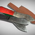 Vintage Knives With Colored Handles And Metal Blades Near Leather Sheath