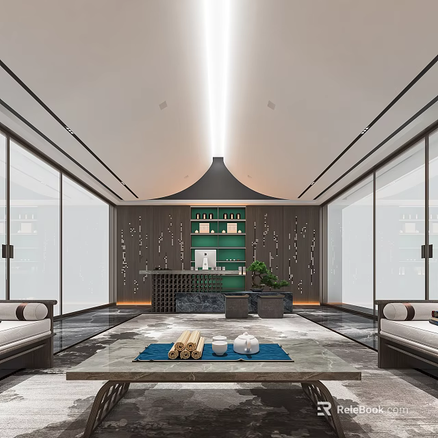 Modern Hotel Lobby Interior With Glass Walls Green Reception Desk Unique Ceiling And Marble Floor 3d model 