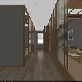 Serene Restaurant Corridor With Wooden Floors Glass Partitions Warm Lighting And Wall Art