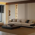 Modern Living Room Interior With Beige Sofa Black Coffee Table Floor Lamp And Rug