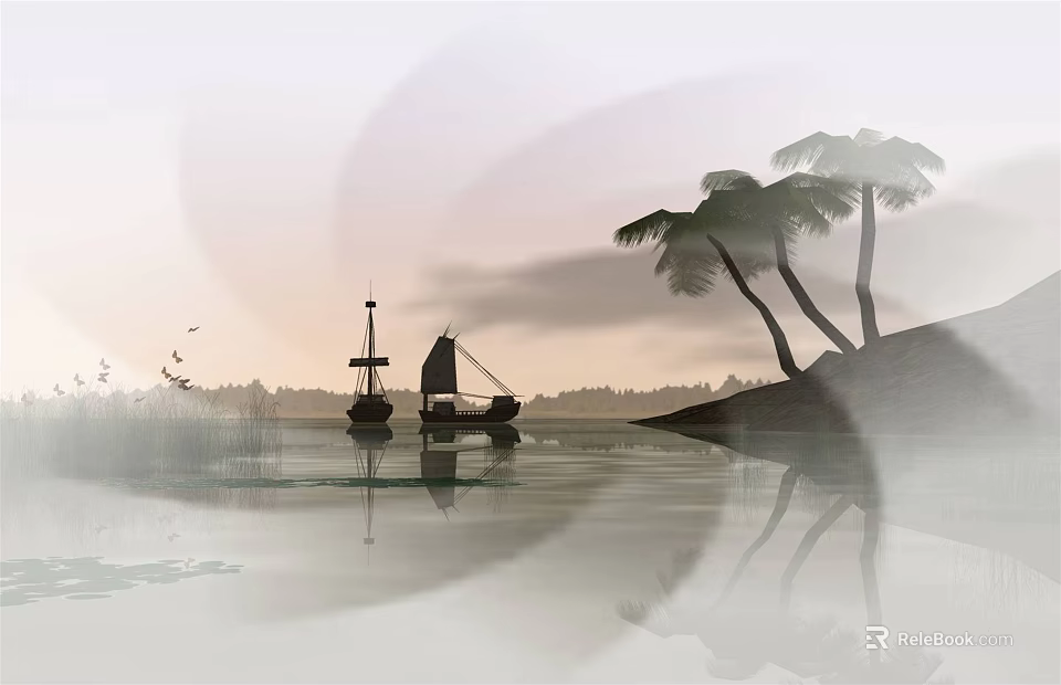 Wooden Boat on Calm Water Surface with Palm Trees and Sunset Reflection 3d model 