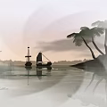 Wooden Boat on Calm Water Surface with Palm Trees and Sunset Reflection