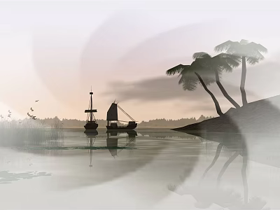 Wooden Boat on Calm Water Surface with Palm Trees and Sunset Reflection 3d model