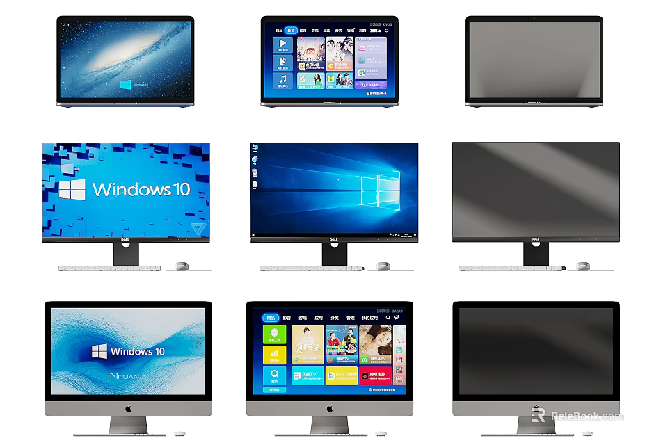Different Computer Monitors Featuring Windows 10 Interface App Icons And Black Displays 3d model 