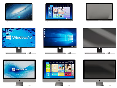 Different Computer Monitors Featuring Windows 10 Interface App Icons And Black Displays 3d model