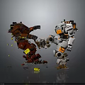 Red Robot With Yellow Components Fighting White Robot Having Orange Parts And Debris On Ground