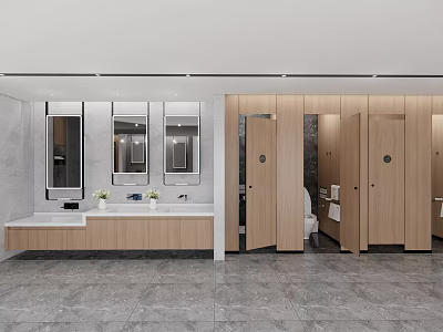 Modern Public Restroom with Open Layout Wooden Cubicles Marble Countertop Washbasin Mirrors and Lighting 3d model