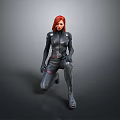 Woman With Red Hair In Black Tight Suit Kneeling Pose With Belt And Gloves