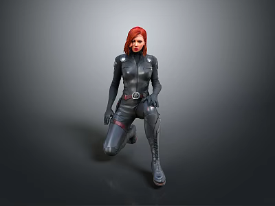 Woman With Red Hair In Black Tight Suit Kneeling Pose With Belt And Gloves 3d model