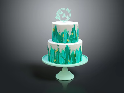 Two Tiered Cake With White Green Hand Painted Patterns Decorative Topper On Light Green Stand 3d model