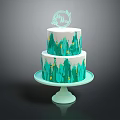 Two Tiered Cake With White Green Hand Painted Patterns Decorative Topper On Light Green Stand
