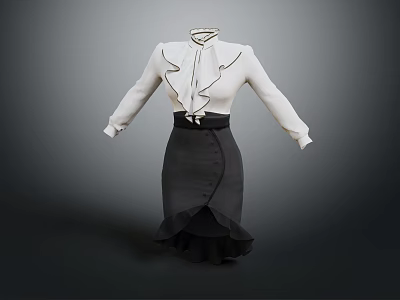 Fashionable White Long Sleeve Ruffle Collar Dress With Black Ruffled Asymmetric Hem And Belt 3d model