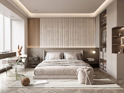 Modern Bedroom Interior Design With Wooden Striped Accent Wall Bed Nightstands And Table Lamp 3d model