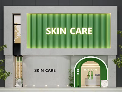 Modern Skin Care Storefront With Green Striped Facade And Arched Entrance 3d model