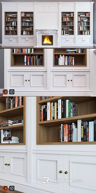 Modern Wooden Bookcase With Open Shelves And Closed Cabinet Doors Filled With Various Books 3d model 