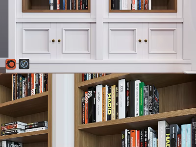Modern Wooden Bookcase With Open Shelves And Closed Cabinet Doors Filled With Various Books 3d model