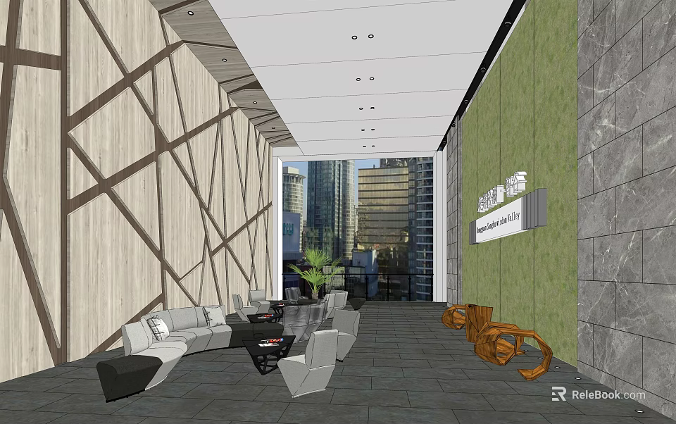 Modern Reception Area Interior Design With Wooden Geometric Wall Green Panel Sofas And City View 3d model 