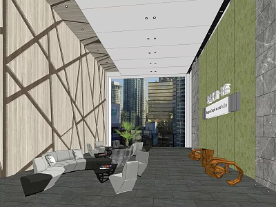 Modern Reception Area Interior Design With Wooden Geometric Wall Green Panel Sofas And City View 3d model