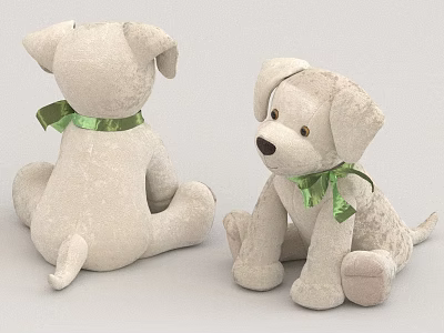 Cute Light Colored Plush Dog Dolls Sitting With Green Ribbon Decoration 3d model