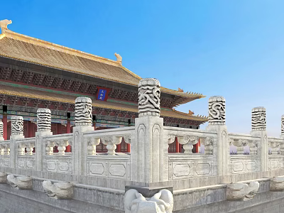 Ancient Architecture with Yellow Roof Red Pillars White Stone Railings and Traditional Carvings 3d model