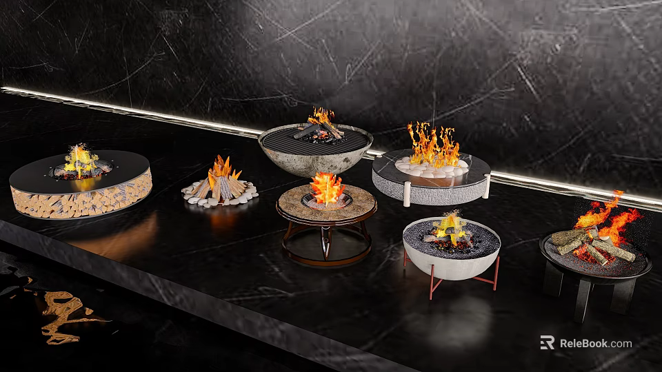 Decorative Garden Ornaments With Flames In Various Designs On Black Marble Surface 3d model 